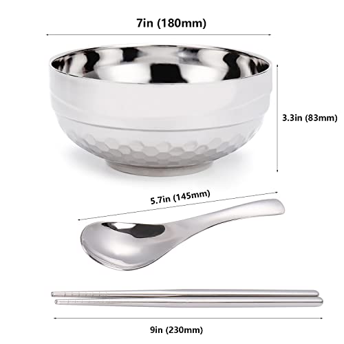 Fpxrng Ramen Noodle Soup Bowl Set Silver Double Layer Stainless Steel Bowl (7 Inch) With Chopsticks And Spoons, 1300 Ml Appr(Silver) #TOP1