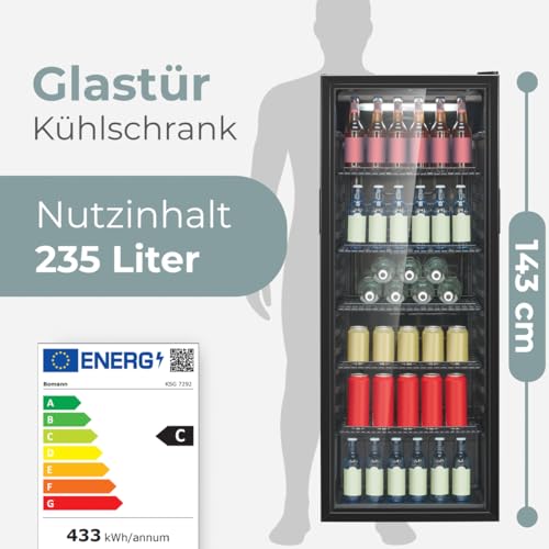 Bomann® Kühlschrank mit Glastür | Energieklasse C | 143cm | Getränkekühlschrank 2-12°C | MultiAirflow | 5 Gitterablagen | Türanschlag wechselbar | 236L | Flaschenkühlschrank | KSG 7292 schwarz