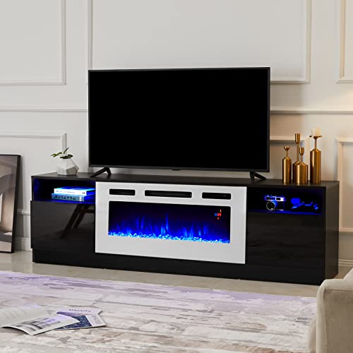 Image of AMERLIFE Fireplace TV Stand with 36 inch Electric Fireplace, LED Light Entertainment Center, Modern Wood Texture Entertainment Stand with Highlight Storage Cabinet for TVs Up to 80 inch, 70 inch, Black & White