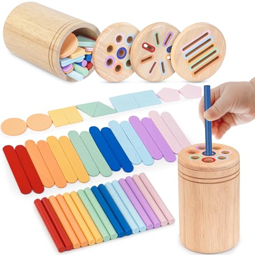 Akosuntoys Montessori Toys for 1 year old 3 in 1 Wooden Toddler Travel Toys for 1 2 Year Old Boys Girls Color Sorting & Fine Motor Skills Baby Toys Gifts for 1 2 3 Year Old Boy Girl