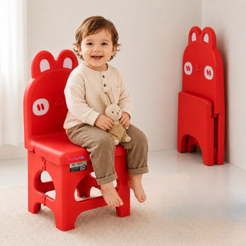 Image of Plastic Foldable Chair for Kids | School Study Chair for Indoor or Outdoor Use for Toddler Kids | Strong & Stable, Safe Rounded Edges | Capacity Up to 40 Kg (Rabbit Red)