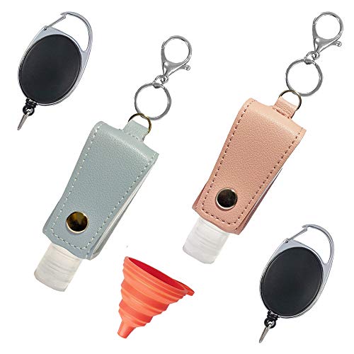 Quality Sense Travel Liquid Holder with multiple key chains, Scratch resistant leather, toiletries. Leak proof 30 ml refillable bottles for lotion, sanitizer with fold-able funnels (Pink & Blue)