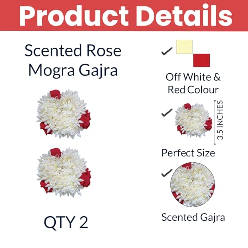 Temperia (2 Pcs) Scented Mogra Gajra Hair Accessories For Women & Girls - Hair Flower Bun Artificial Fake Gajra Scrunchies Rubber Band - Premium & Voluminous, Red Petals