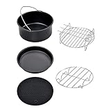 JUEGO DE 5 ACCESORIOS PARA FREIDORA DE AIRE: este accesorio para freidora incluye 1 bandeja para hornear pasteles, 1 bandeja para pizza, 1 soporte de metal, 1 alfombrilla de silicona, 1 rejilla multiusos con 3 pinchos. Es suficiente para que lo uses.