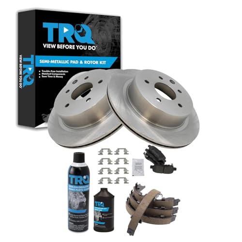 Image of TRQ Rear Brake Pad & Rotor Kit, with Chemical Kit Parking Brake Shoe Set Semi-Metallic Compatible with 2003-2005 Infiniti G35 Nissan 350Z