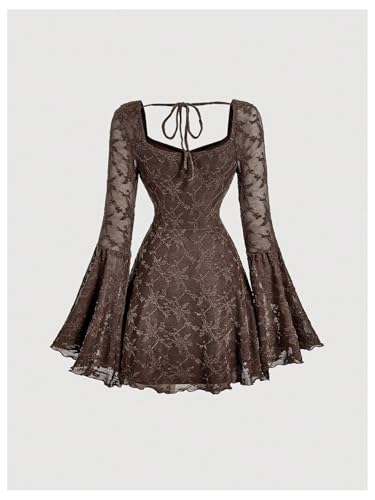 Image of WDIRARA Women's Floral Jacquard Gothic Bell Long Sleeve Dress | Mesh , A Line, Vintage