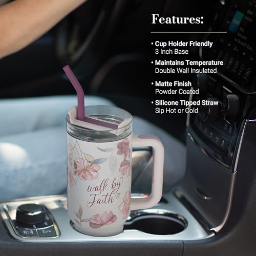 Image of Christian Art Gifts 40 oz Tumbler for Women: 2 Corinthians 5:7 Bible Verse, Stainless Steel, Insulated Travel Mug with Lid, Reusable Straw & Flex Tip, White & Pink Floral, Encouraging Gift for Women