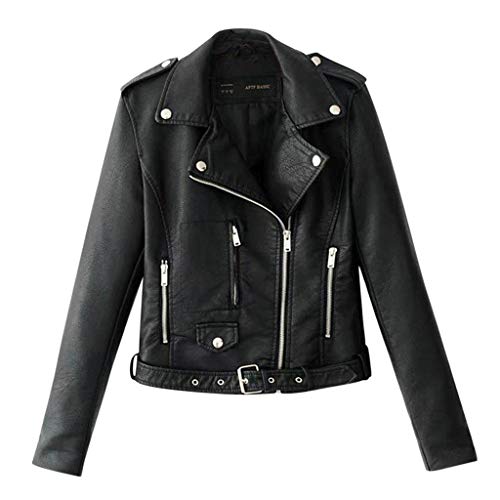 Women's Faux Leather Moto Biker Short Coat Jacket Ladies Slim Lapel Zip-Up Punk Cropped Tops Coat Black