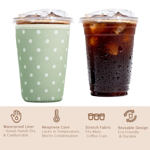 Image of Reusable Insulated Sleeve for Iced Coffee Cup, 3-Pack Coffee Neoprene Drink Sleeve for Cold & Hot Drinks, Beverage Holder for Iced Coffee (Sage Dots)