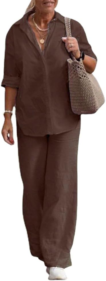 Women's Plus Size Linen Two Piece Outfits Long Sleeve Button Down Shirt Lounge Sets Loose Long Pants Tracksuits
