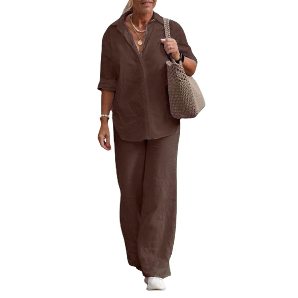 Women's Plus Size Linen Two Piece Outfits Long Sleeve Button Down Shirt Lounge Sets Loose Long Pants Tracksuits