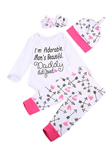 Image of FOCUSNORM 4 pcs Baby Girls Pants Set Newborn Infant Toddler Letter Romper Arrow Heart Pants Hats Headband Clothes