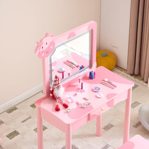 Image of Vanity Set,ShyneeMakeup Dressing Vanity Set Wooden Princess Makeup Table with Cushioned Stool,Drawer,Wooden Legs and Mirror, Make Up Dressing Play Set for Girls (Pink Cow)