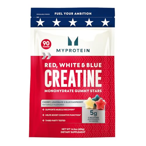 Image of Myprotein Creatine Gummies, Red, White and Blue, 90 Count | 5g Creatine Monohydrate per Serving, 18 Servings, Chewable Strength & Recovery, Vegan, Non-GMO