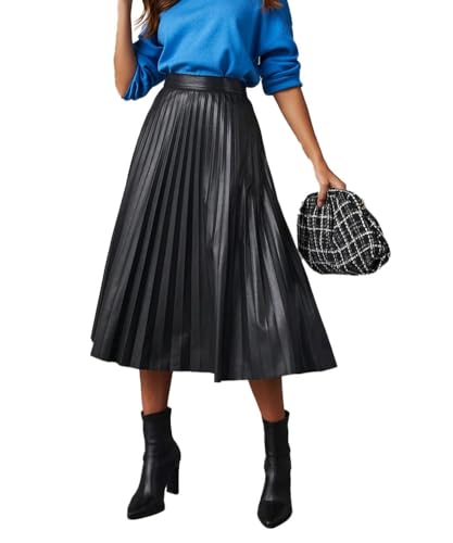 THLAI Womens Pleated Skirt Black Midi Skirt Elastic Waist A-Line Skirt Pleated Flowy Long Skirts Fall Skirt