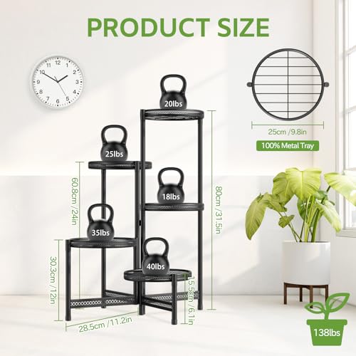 Image of iDavosic.ly 5 Tier Large Plant Stand Indoor with 10-Inch Wide Drainage Tray, Tiered Corner Metal Outdoor Flower Display Holder Shelf, Folding Tall Rack for Patio Porch Balcony, Black Iron Carving