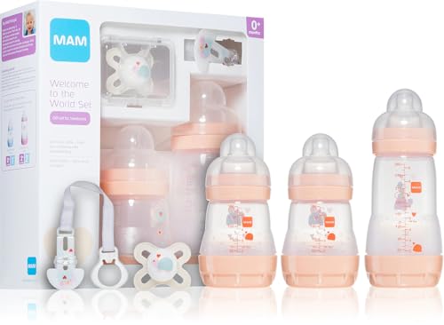 MAM Welcome to The World Set | Baby Gift Set with 3X Feeding Bottles, 0-2 Month Soother and MAM Dummy Clip | Baby Accessories for Newborn | Peach (Various Designs)