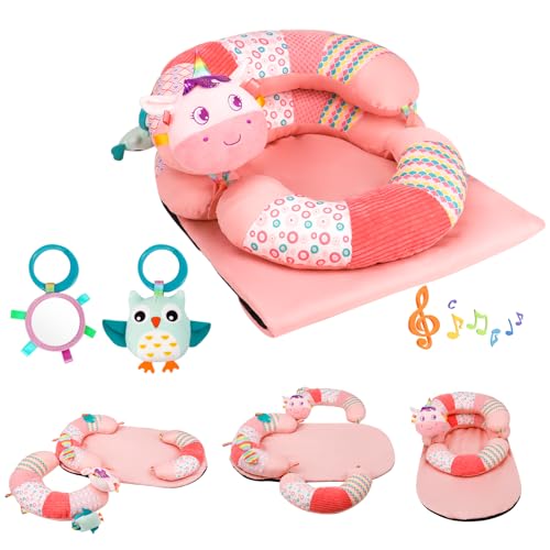 Image of 3-in-1 Tummy Time Pillow and Seated Support Playmat with Detachable Early Sensory Toys for Infant, Sitting Support to Prevent Reflux, Portable Gifts for Newborn Boys and Girls (Pink)