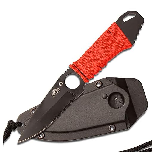 Master USA MU-1121RD Tactical Fixed Blade Neck Knife, Black Half-Serrated Blade, Red Cord-Wraped Handle, 6-3/4-Inch Overall