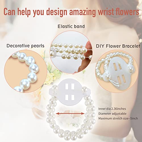 HIONXMGA Corsage Wristlet Band 4 Pcs Elastic Pearl Wrist Corsage Bracelets Bands for Women, Stretch Pearl DIY Handmade Prom Flower Supplies Accessories for Wedding Graduation Party