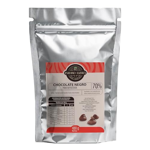 Isidro Labrá Chocolate 70% negro con manteca de cacao puro en monedas chocolate dan valor al proceso de fundir y generar pasta de cacao base para la cobertura de chocolate. (480g)