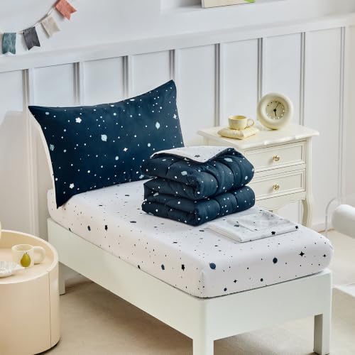 Image of DuShow Star 4 Pieces Boys Toddler Bed Comforter Set Dark Blue Reversible Toddler Bedding Set Soft Baby Crib Bed Sheets Set in a Bag | Include Quilt Comforter,Flat Sheet,Fitted Sheet,Pillowcase