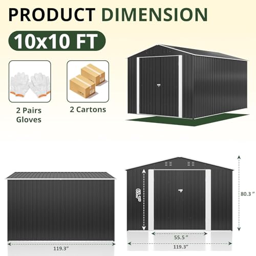 Image of AirWire 10x10 FT Storage Shed, Garden Shed with Updated Frame Structure and Lockable Doors, Metal Tool Sheds for Backyard Garden Patio Lawn, Grey