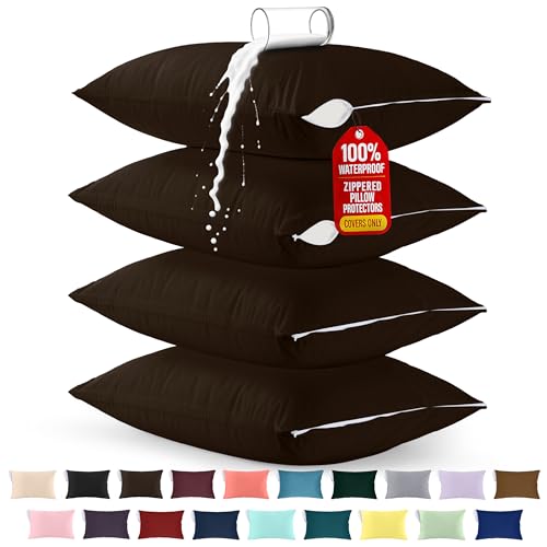 Image of Utopia Bedding Premium 100% Waterproof Pillow Protectors with Zipper Queen Size (Set of 4), Bed Bug and Dust Mite Proof Zippered Pillow Covers, Pillow Encasement Cases, Brown