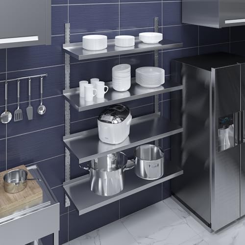 Image of AmGood 16 in. x 48 in. Four-Tier Metal Wall Mount Shelf | Staunless Steel Shelving for Commercial Kitchen, Closet, Garage, Pantry, etc