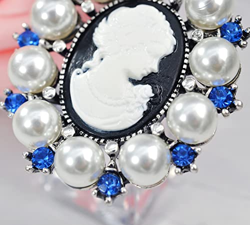 Gyn&Joy Antique Silvery Tone Simulated Pearl Blue Crystal Vintage Cameo Lady Brooch Pin #TOP4