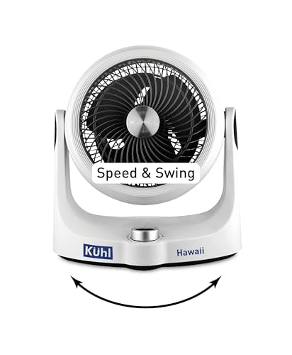 KUHL Hawaii Desktop Fan 165MM|Tilt Mechanism,Swivel Function|Upto 70 Degree Tilt Head Function|3 Winds Mode |Speed & Swing Control Knob |High Air Flow & Low Noise|Compact,Lightweight &Portable,White