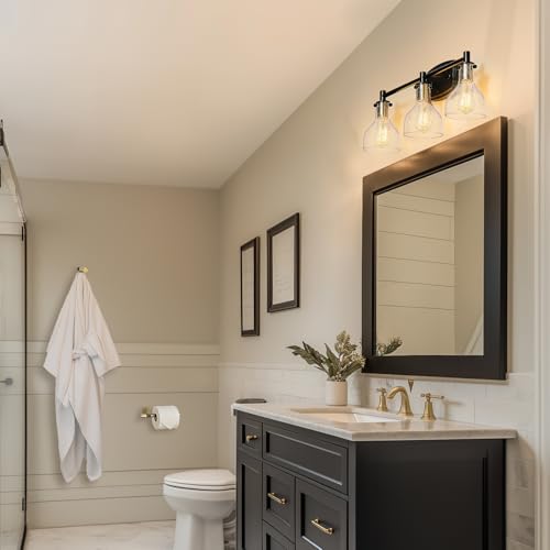Image of GLOBE Electric 63000062 5-Piece All-in-One Bathroom Set, Matte Black & Brass, 3-Light Vanity Light, Seeded Glass, Towel Bar, Toilet Paper Holder, Towel Ring, Robe Hook, Bathroom Lights Over Mirror