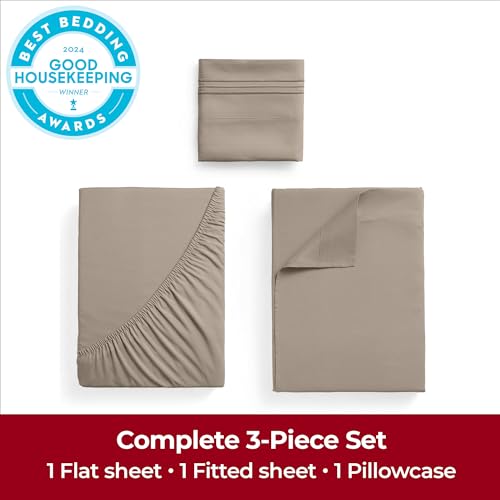 Image of Mellanni Extra Deep Twin Sheets - 3 PC Iconic Collection Bedding | Hotel Luxury, Ultra Soft, Cooling Bed Sheets - Wrinkle, Fade, Stain Resistant (Twin, Tan)