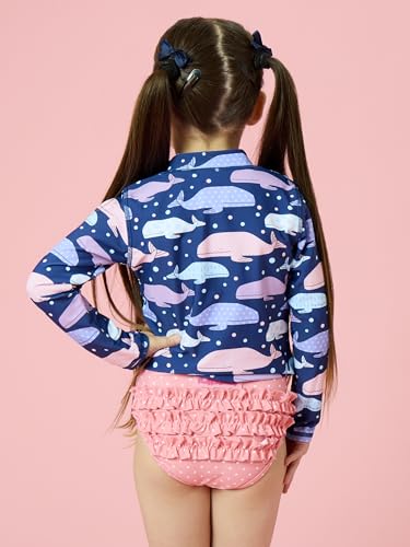 Image of RuffleButts Baby /Toddler Girls Long Sleeve Rash Guard 2 Piece Swimsuit Set w /UPF 50+ Sun Protection with Zipper