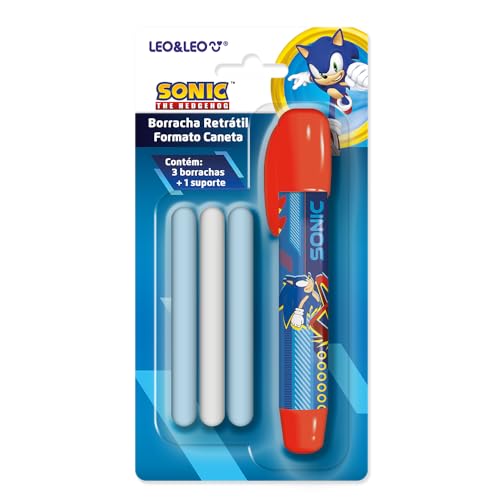 BORRACHA RETRÁTIL FORMATO CANETA SONIC - BLISTER C/ 1 SUPORTE E 3 BORRACHAS LEO&LEO