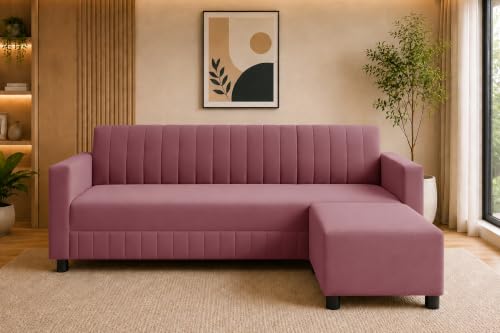 Image of Deco Studio 3 Seater Wooden Sofa with Ottoman | Modern Sofa Set for Living Room | Stylish Home Furniture Sofa with Comfortable Seating-Rose Pink