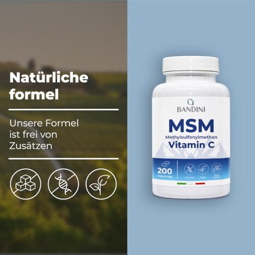 Bandini® MSM - 2000mg mit 40mg VITAMIN C pro Tagesdosis - Kompakteres Methylsulfonylmethan Pulver als bei Kapseln - Ohne Magnesiumstearat, hochdosiert, vegan, ohne Zusätze, laborgeprüft - 200 Tab