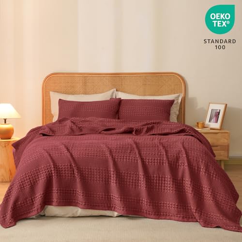 Image of PHF 100% Cotton Waffle Blanket Twin Size for College Dorm, Lightweight Breathable and Soft for Summer, Luxury Aesthetic Waffle Weave Blanket for Bed & Gifts for Women, 66 inchx90 inch, Wine Red