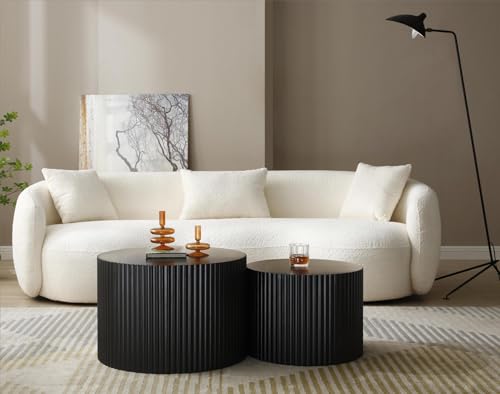 LKTART MDF Handcrafted Relief Coffee Table Set of 2 Round Nesting Table End Table for Living Room Office Black