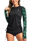 SANTINY Women's Rash Guard UPF50+ SPF Long Sleeve Swimsuits Top UV Sun Protection Swim Shirts for Woman with Zip (Black Leaf_S)