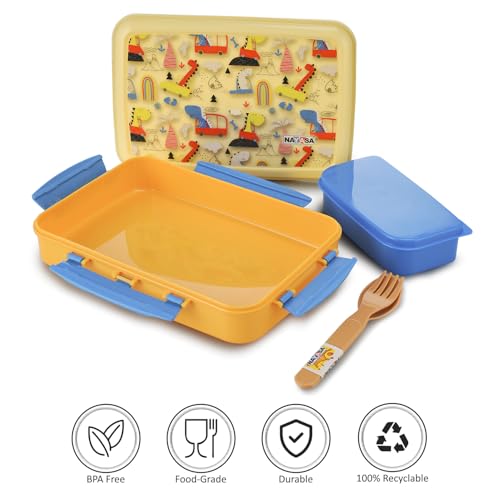 Image of Nayasa On The Go DLX 900 ml BPA Free Plastic Lunch Box | Leak Proof | Spacious Tiffin Box | Durable Food Storage | Yellow