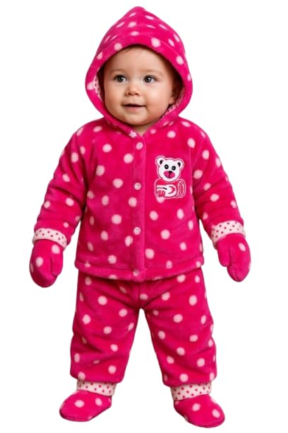 Baby Polka Dot Fleece Snowsuit with Hood and Mittens, Pink, Winter Outfit (IN, Age, 6 Months, 9 Months, Baby Girls, pink)-picture-20