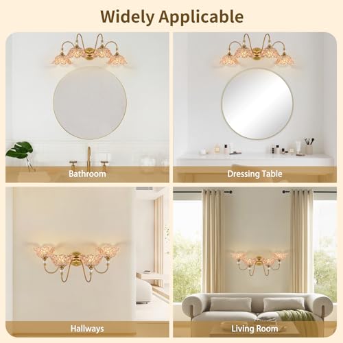 Image of Vintage Bathroom Vanity Light, 4-Light Matte Brass Finish Vanity Light with Floral Amber Glass Shades, Retro Wall Mount Lighting for Bathroom, Dressing Table