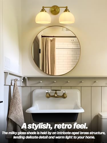 Image of 2-Lights Milk White Glass Wall Sconce Lighting Brass Finished, Double Arm Bathroom Vanity Light Fixture for Bedroom Living Room Dining Room Hallway