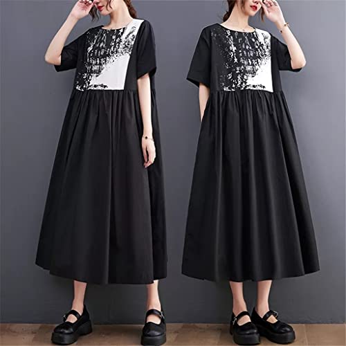 Leige Patchwork Tie Dye Print Street Fashion Dark Black Chic Summer Dress Women Casual Dress (Color : Black, Size : One Size) #TOP1