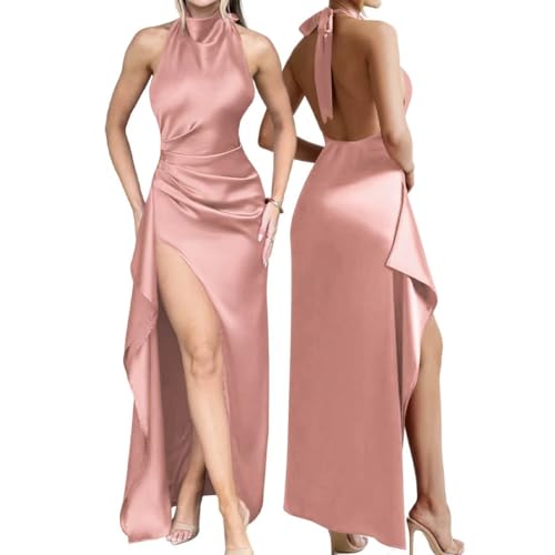 AOWVUTS Abendkleid Damen Lange Sexy Satin Neckholder Maxikleider mit Schlitz Elegant Rückenfrei Rüschen Ballkleider für Hochzeit Wickelkleid...