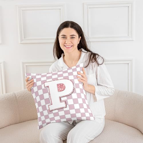 Image of Erosebridal Pink Initial P Throw Pillow Covers 24x24 Set of 2 Kawaii Plaid Checkered Pillow Covers Cute Personalized Monogram Cushion Cover Fashion Grids Gingham Pillow Cases for Couch Sofa