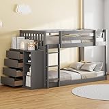 Harper & Bright Designs Twin Over Twin Low Bunk Bed with Storage,Floor Bunk Bed Frame with 4 Drawers and 3 Shelves, Solid Wood Loft Bed for Kids Girls Boys - Gray