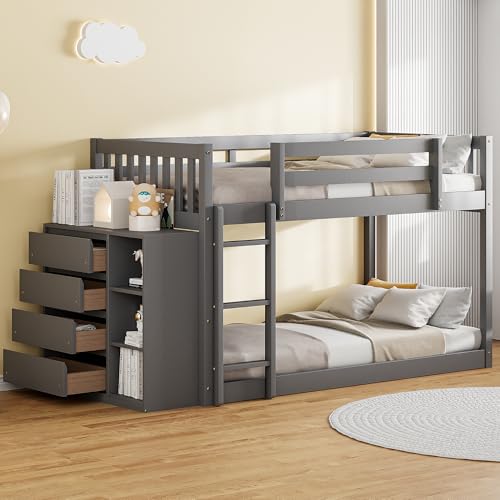 Harper & Bright Designs Twin Over Twin Low Bunk Bed with Storage,Floor Bunk Bed Frame with 4 Drawers and 3 Shelves, Solid Wood Loft Bed for Kids Girls Boys - Gray