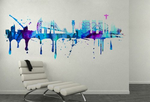 Moonwallstickers Lisboa Watercolor Pegatina de Pared Skyline Arte Pintura de Vinilo  148 x 56 cm | 58,3 x 22 Pulgadas